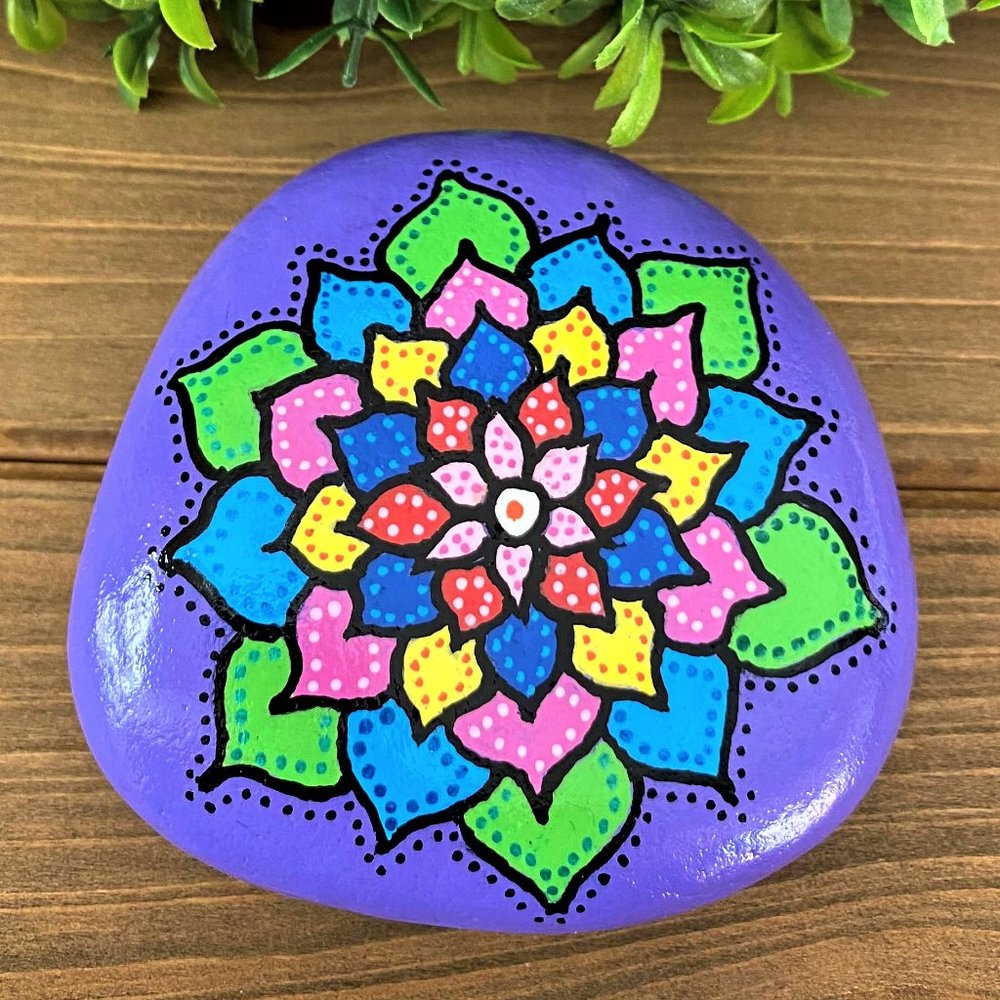 NEW Hand Painted Lotus Flower Mandala Stone